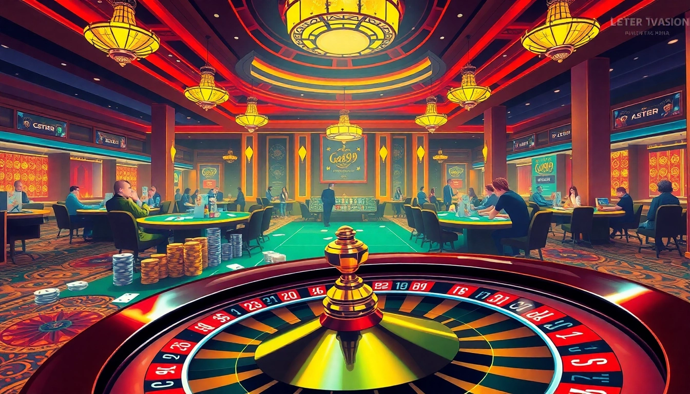Experience the thrill of Go99 as players gamble at vibrant casino tables with poker chips and cards.